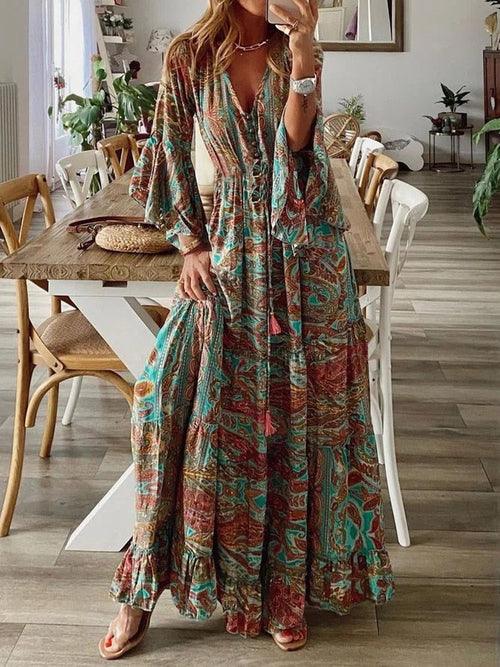 Bohemian Floral Print Long Sleeve Dress - dreamcatcherbutik