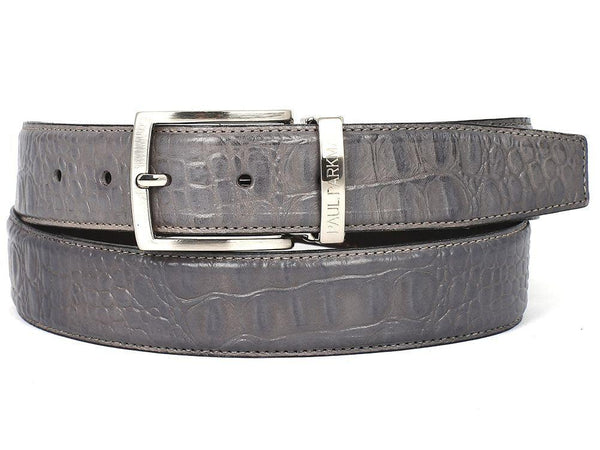 PAUL PARKMAN Men's Crocodile Textured Leather Belt Gray (ID#B02-GRY) - dreamcatcherbutik