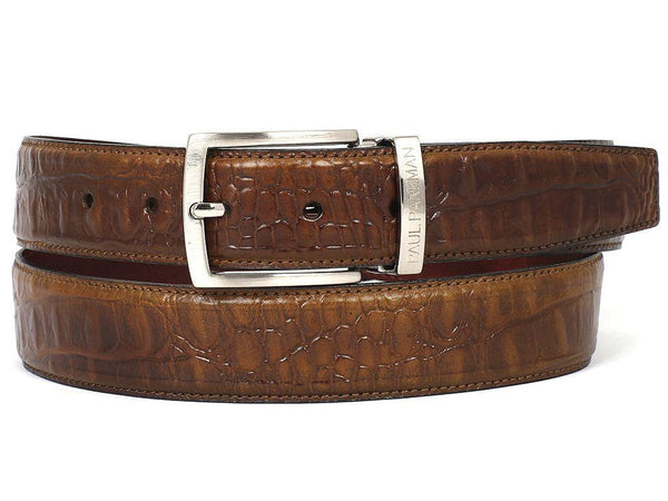 PAUL PARKMAN Men's Crocodile Textured Leather Belt Olive (ID#B02-OLV) - dreamcatcherbutik