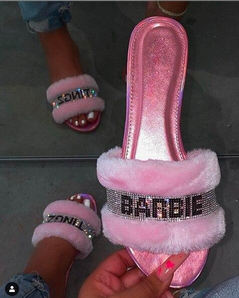 Pink Faux Fur Slides BARBIE - dreamcatcherbutik